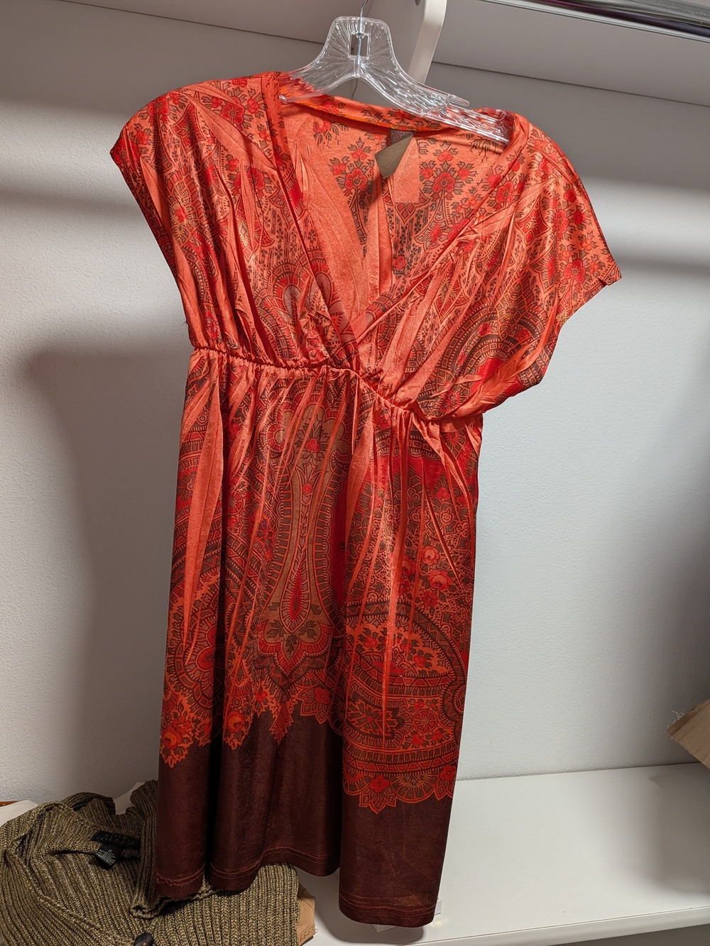 Sigrid Olsen Red Paisley V-Neck Gathered Waist Dress